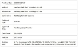 Xiaomi Black Shark 2  TENAA Certification